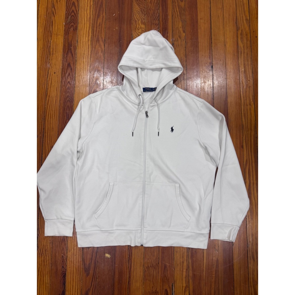 Polo Ralph Lauren Mens White Full Zip Fleece Hoodie XL Navy Pony Logo